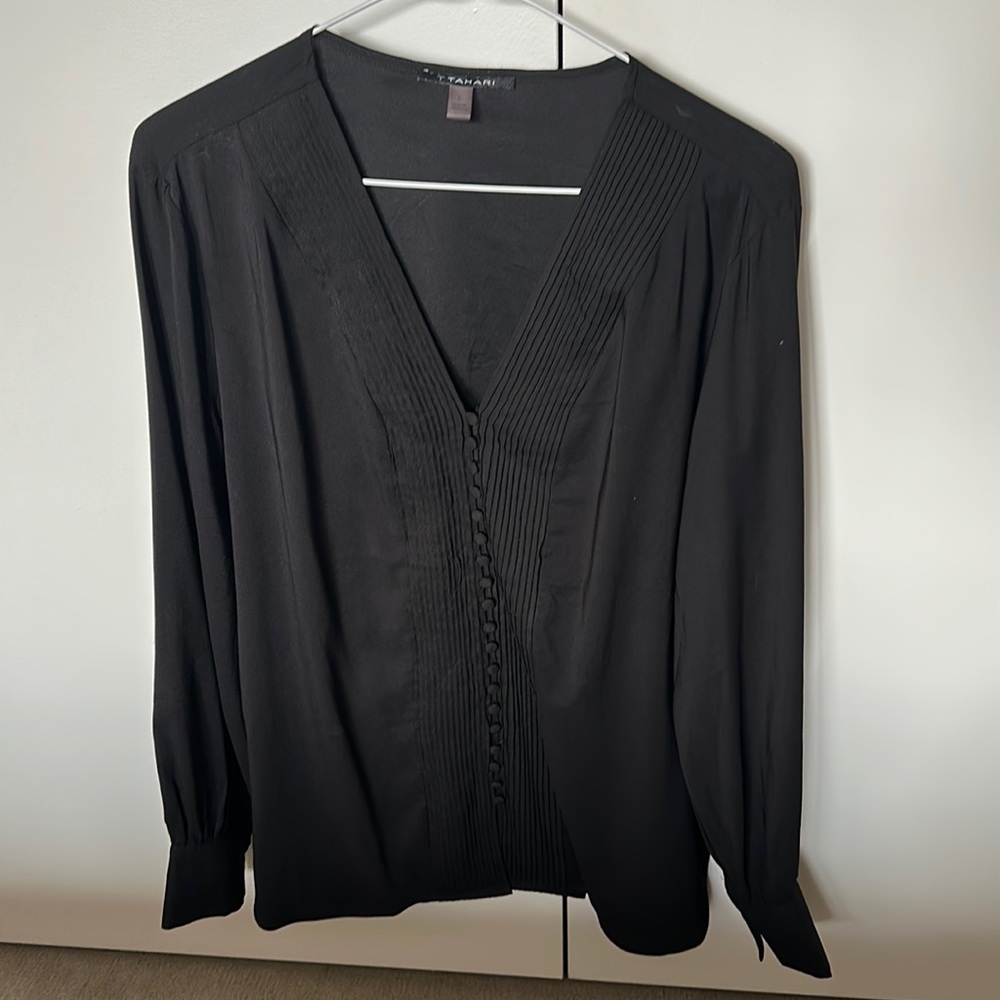 T Tahari Black Button Front Blouse
